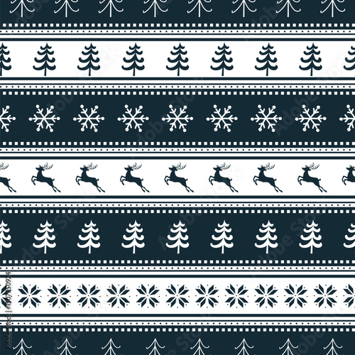 Striped Christmas Pattern with Deer, Fir Trees, Snowflakes. Seamless Print. Christmas Background with Winter Elements. Merry Christmas and Happy New Year Design. Vector illustration in Blue, White