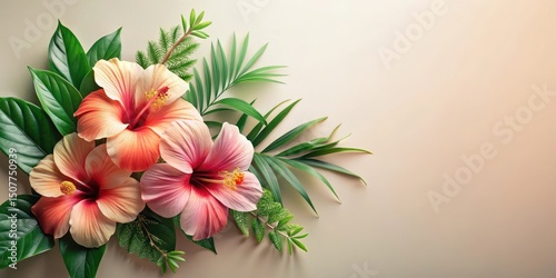 A vibrant arrangement of hibiscus blossoms and lush tropical foliage on a neutral backdrop