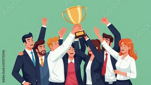 Team Holding Trophy Celebrating Success in Business Environment