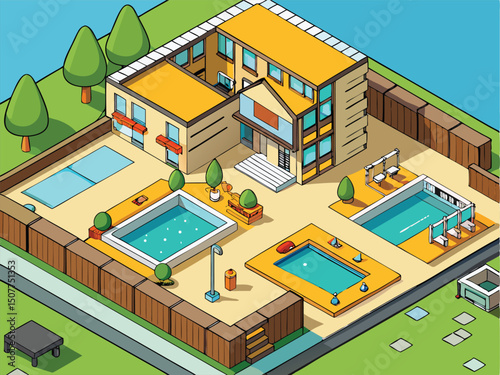 Luxury House Pools Isometric Illustration