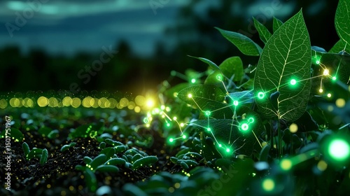 Exploring the Future of Agriculture: Lush Green Soybean Plants with Glowing Luminescent Data Points for Smart Farming Innovations