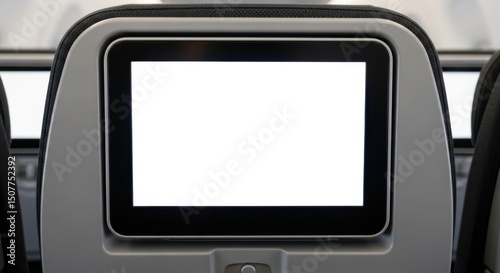 Airplane seatback screen displaying blank white screen mockup ideal for inflight entertainment and advertising photo