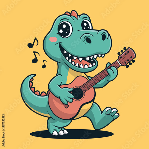 Dinosaur with Guitar and Music Notes