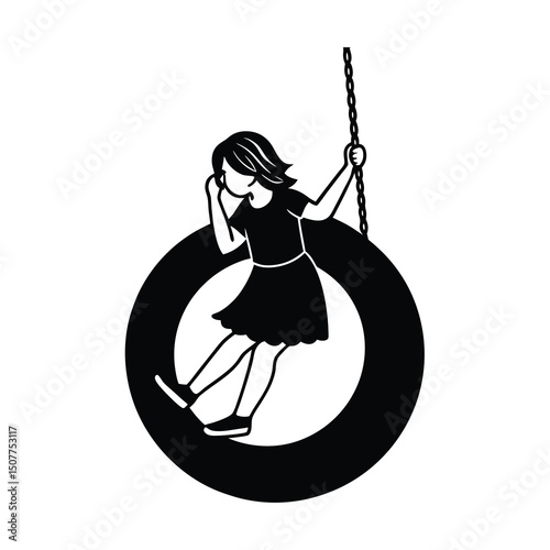Girl swinging on a tire swing vector silhouette
