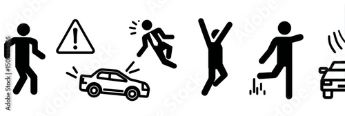 Accident pictogram man icon set with car accident, injury arm, stumble, warning, and danger stick figure signs vector