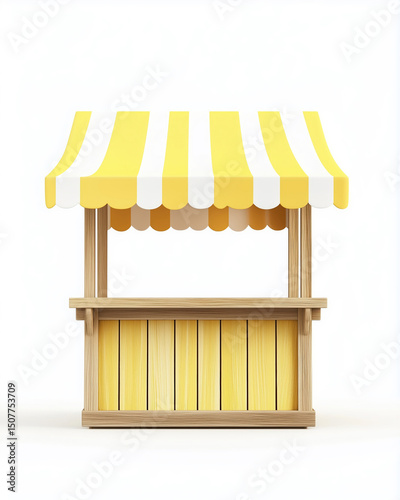 Empty Market Stall with Yellow and White Striped Awning on White Background