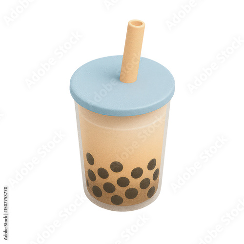 3D icon of minimalistic cup of bubble tea with straw and tapioca pearls. Slightly isometric view isolated on transparent, no shadows. Trendy drink and sweet beverage concept.