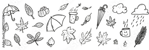 Hand Drawn Autumn Doodle Vector Set � Fall Season Leaves, Wind, and Umbrella Sketch Elements Illustration