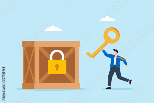 Flat illustration of quality control manager unlocking product crate with giant checklist key for quality assurance