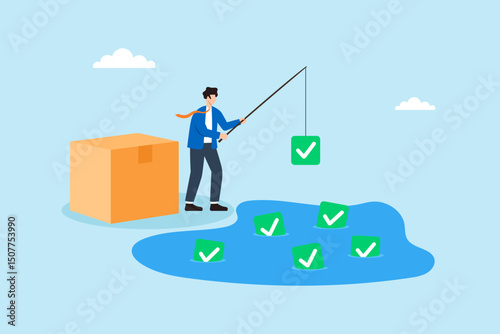 Flat illustration of quality control manager fishing checklist icons from compliance lake to certify product safety
