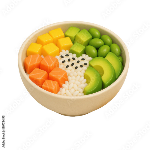3D icon of minimalistic poke bowl with avocado, salmon cubes, rice, mango, and edamame. Slightly isometric view isolated on transparent, no shadows. Healthy protein meal and clean eating concept.
