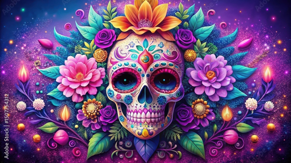 Ornate Sugar Skull Adorned with Vibrant Floral Arrangement and Glowing Candles Against a Sparkling Cosmic Background Ornate Sugar Skull Adorned with Vibrant Floral Arrangement and Glowing Candles Against a Sparkling Cosmic Background