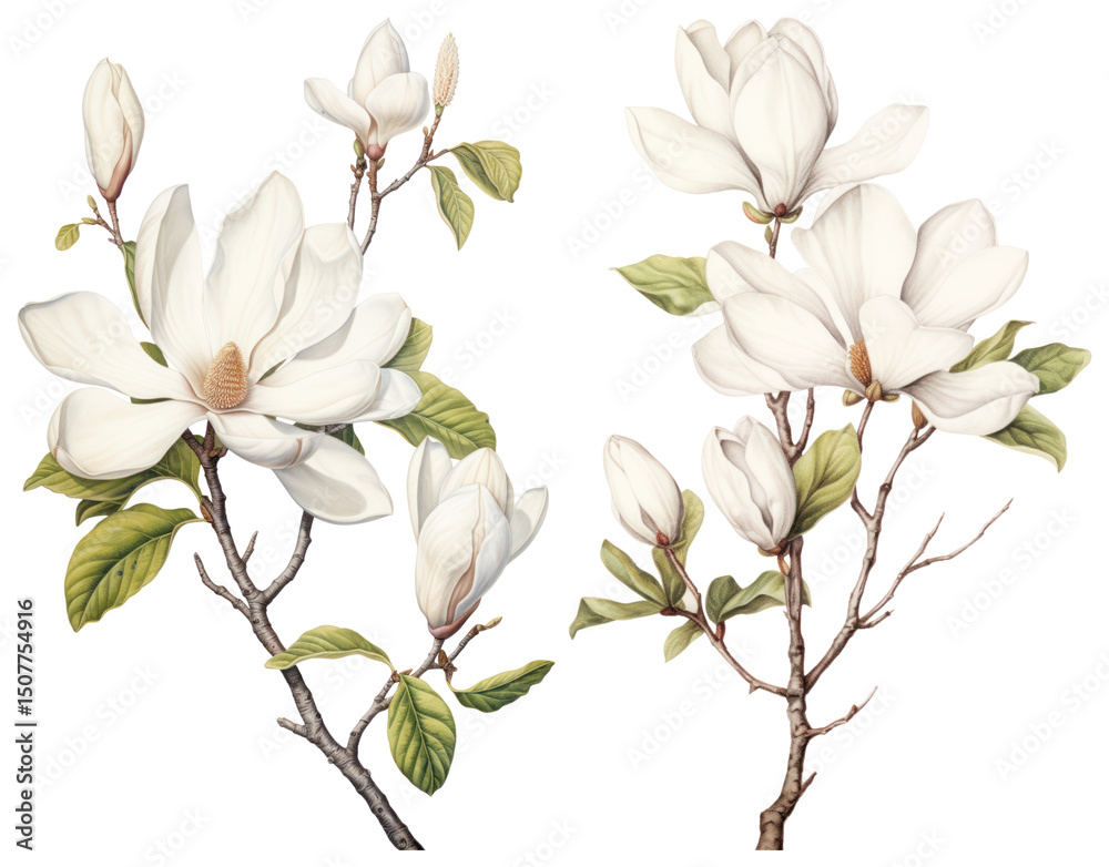Obraz premium PNG Elegant magnolia floral illustration, element set on transparent background