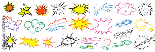 Cartoon comic speed effect doodle line vector set with explosive motion, dynamic energy, and hand drawn cute sketch elements