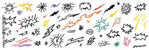 Cartoon comic speed effect doodle line vector set with explosive motion, dynamic energy, and hand drawn cute sketch elements