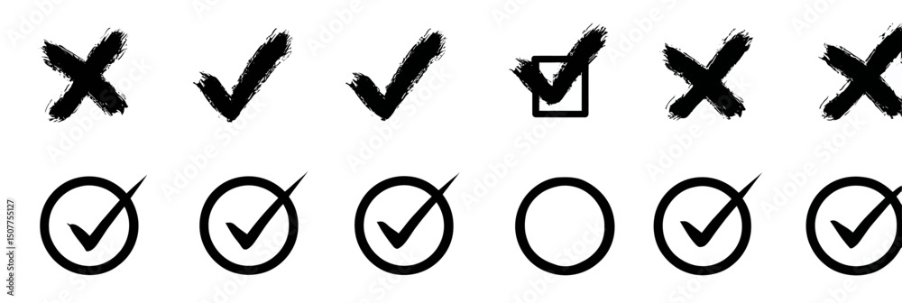 Fototapeta premium Hand drawn check mark icon set with doodle checklist, correct, cross, ok vote signs, and brush stroke boxes and circles vector illustration