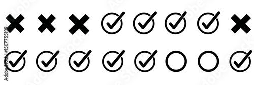 Hand drawn check tick mark icon set with cross boxes, x marks, checkboxes, and checklist symbols including right and wrong signs in doodle brush marker style vector illustration