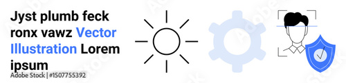 Sun icon, gear shape, facial recognition, shield with checkmark for concepts thumbs up security, technology, AI, data protection, innovation, usability and a simple landing page