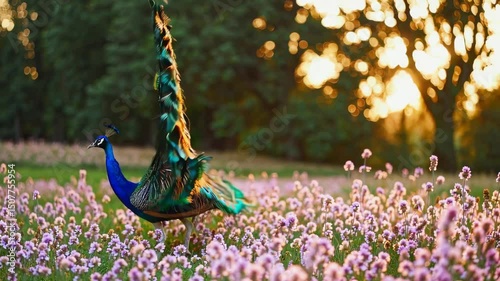 Majestic peacock displaying vibrant plumage in blooming field at sunset nature's graceful dance