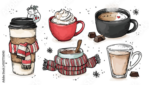 Cozy Christmas Hot Drinks Set � Hand Drawn Winter Coffee, Tea & Cocoa Mugs with Scarves � Sketch Style Vector Illustration