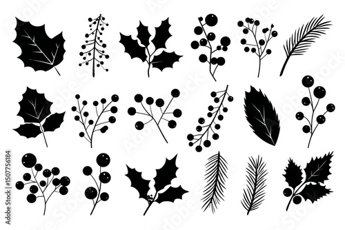 Elegant Christmas Silhouettes � Hand-Drawn Holly, Pine, and Mistletoe for Minimalist Holiday Designs