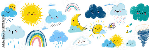 Cute Weather Character Vector Set with Smiling Clouds, Angry Rain, Sun, Moon, Tornado, Rainbow, and Wind Doodles