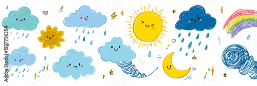 Cute Weather Character Vector Set with Smiling Clouds, Angry Rain, Sun, Moon, Tornado, Rainbow, and Wind Doodles
