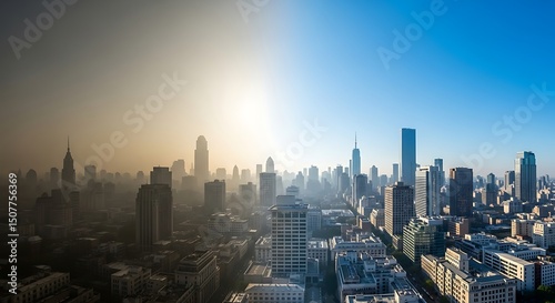 Urban Renewal: Downtown Skyscrapers Transitioning from Smog to Clear Blue Sky at Sunrise, Representing Hope & Environmental Progress in a City with Modern Architecture