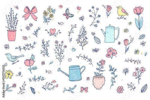 Minimalist Spring Sketch Set � Hand-Drawn Florals, Birds, and Garden Elements for Seasonal Designs