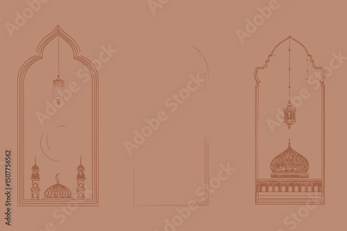 Islamic Ramadan and Eid Mubarak Vector Elements Collection with Mosques, Lanterns, Arches, Stars, and Moons