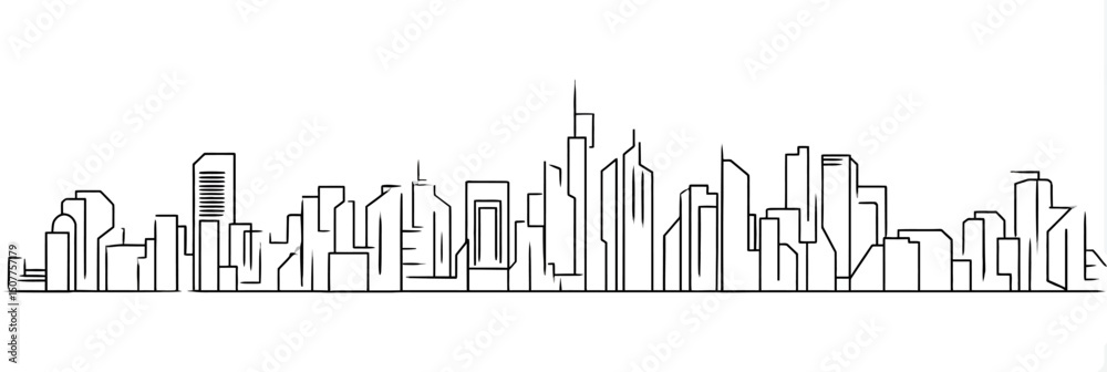 Fototapeta premium Continuous Line City Building and Cityscape Single Outline Construction Editable Stroke Vector Illustration