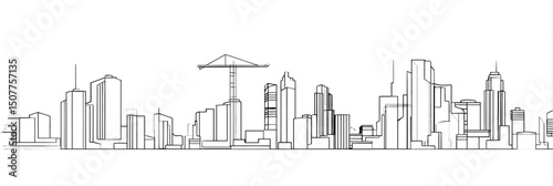Continuous Line City Building and Cityscape Single Outline Construction Editable Stroke Vector Illustration