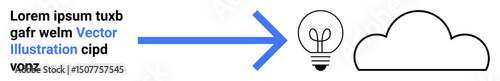 Text block leading to a light bulb and cloud via an arrow representing idea sharing, innovation, or data storage transfer. Ideal for innovation, cloud computing, creativity, brainstorming, teamwork