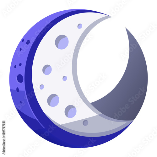 A stylized crescent moon, depicted as a sphere with craters and a shadowy side, representing the moon, night, space, or celestial bodies.
