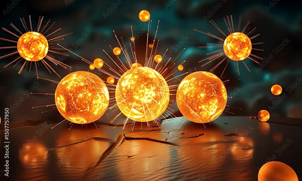 Radiating spheres with emanating rays rest on a fractured, reflective surface