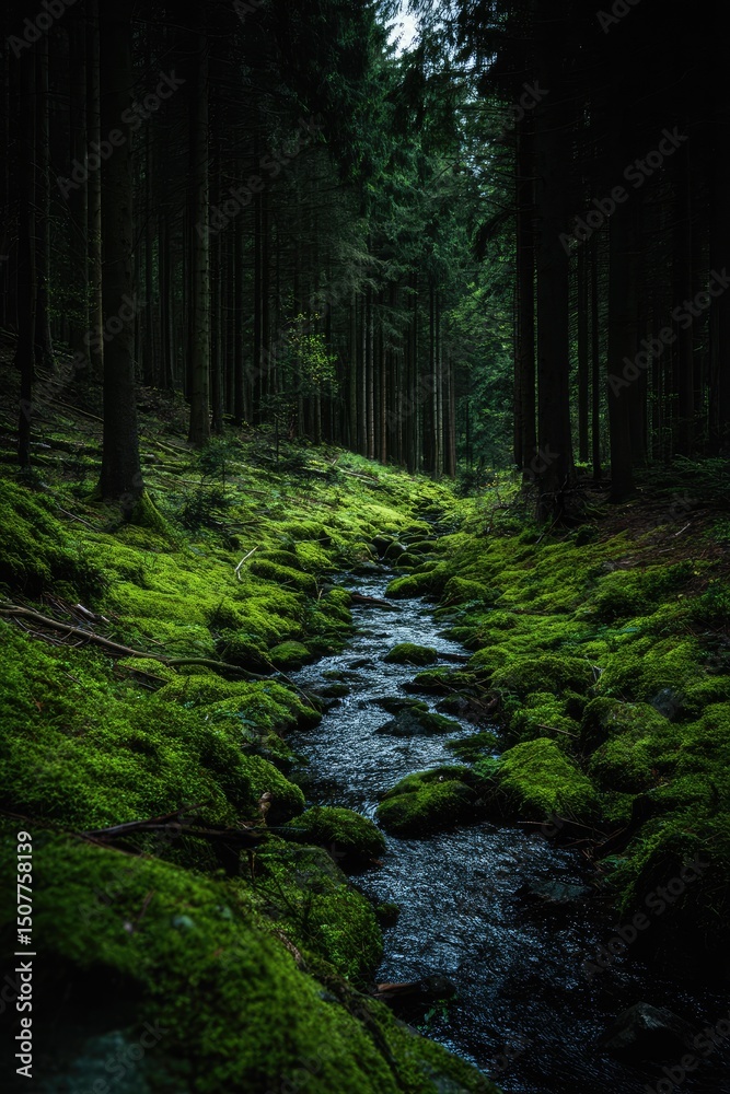 Obraz premium Dark Forest Pathway With Creek And Lush Greenery