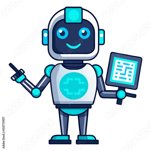 A friendly, smiling robot character in white and blue holds a tablet with a data display and points, symbolizing artificial intelligence, programming, or smart technology solutions.