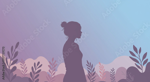 Silhouette of a woman in a peaceful pastel landscape