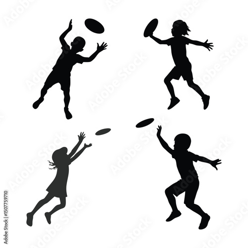 child playing frisbee black silhouette illustration.