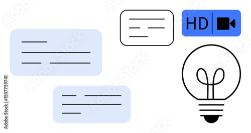 Chat bubbles, video HD icon, and light bulb symbolizing communication, ideas, and collaboration. Ideal for messages, remote work, brainstorming technology teamwork creativity and innovation. Flat