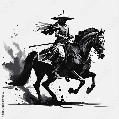 馬上の侍が駆け抜ける墨絵ベクター