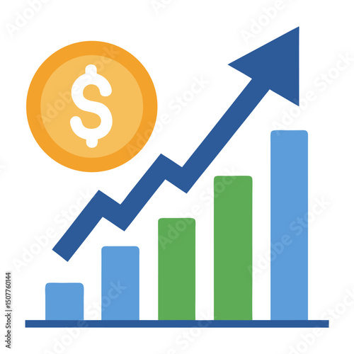 A vibrant bar chart with an upward-trending line graph and a dollar coin, symbolizing financial growth, increased revenue, or business success.