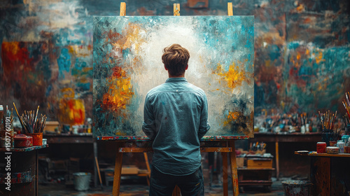 Artist creating abstract painting in vibrant studio