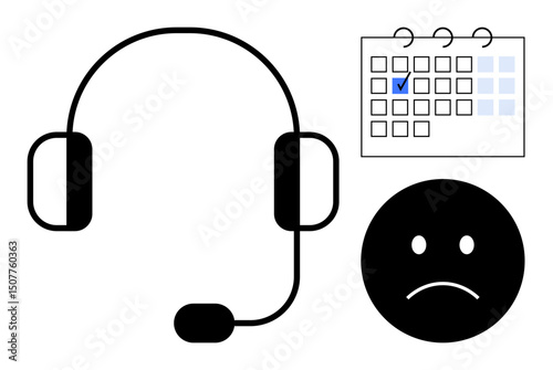 Customer service headset beside a calendar with a checkmark and a sad face below, symbolizing scheduling issues or dissatisfaction in service. Ideal for communication, support, scheduling