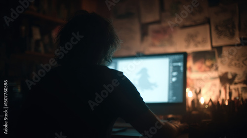 Artist creating digital art in a dimly lit studio