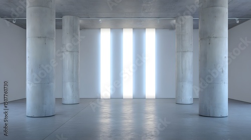 Minimalist interior with concrete columns and glowing light panels  embodying modern simplicity and spacious elegance