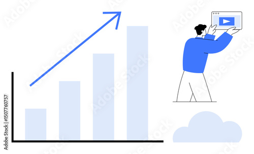 Bar chart with upward arrow showing progress, man holding video screen, cloud below. Ideal for marketing, analytics, content strategy, engagement, entrepreneurship, productivity landing page simple