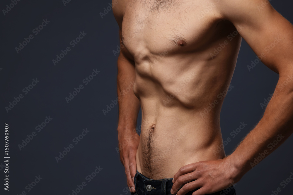 Fototapeta premium Man suffering from anorexia on grey background, closeup. Space for text