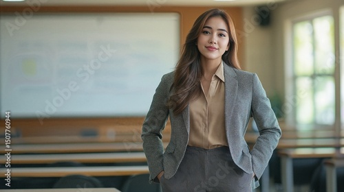 Confident Filipino woman in a corporate setting, representing leadership and diversity in a modern classroom environment.