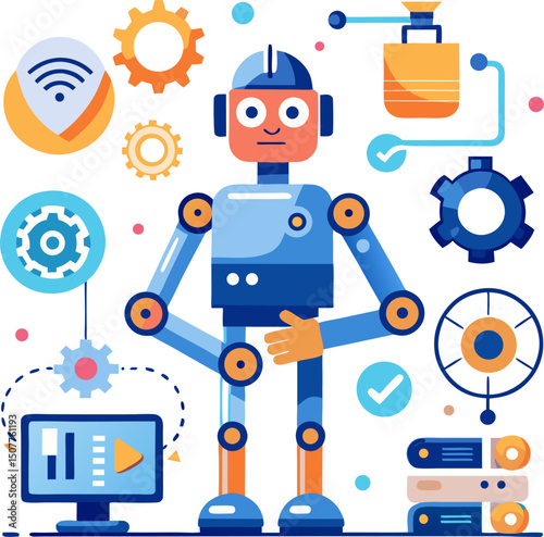 A blue and orange cartoon robot stands surrounded by various technological icons including gears, Wi-Fi signals, a monitor, and servers, symbolizing AI, automation, or smart technology solutions.